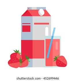 Strawberry juice vector illustration. Flat design. Paper pack with strawberries and glass full of juice. Ecological clean packaging concept for signboard, icons, logo or web design, infographics.