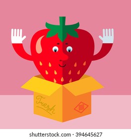 Strawberry jumping from delivery box. Flat style vector illustration . Funny cartoon character