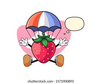 Strawberry jumping parachute with thought bubble cartoon. Mascot Character vector.