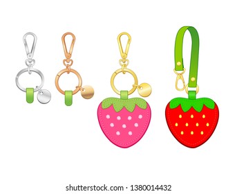 cadenas de claves de fresa/conjunto de encantos de bolsa, etiquetas de fresa con correa, plantilla de dibujo de ilustración vectorial