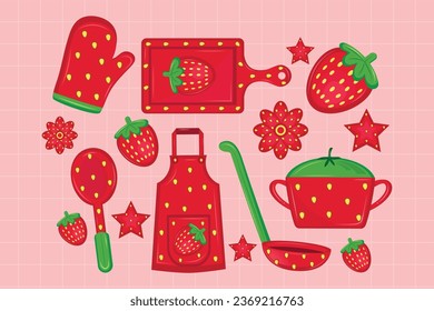 Strawberry kitchen appliances sticker set. Strawberry sticker vector illustration. kitchen appliances clipart and kitchenware. Fantasy and fairy tale and kids illustration. Strawberry cartoon stickers