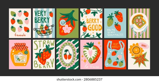 Strawberry kitchen posters in cartoon style. Cute berry wall prints with sweet fruit, jam, breakfast and fresh food themes. Colorful minimalist decor for kitchen and cafe interiors