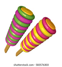 Strawberry Kiwi and Banana Flavored Twisted Ice Creams Isolated on White Background. Purple Green Pink and Yellow Colored Popsicles on Wooden Stick in Perspective. 3d Realistic Vector Illustration.