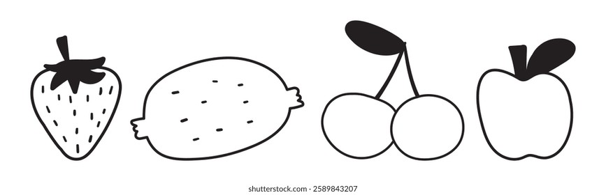 Strawberry, kiwi, cherry, apple. Outline isolated icons. Set of fruits. Hand drawn illustrations.