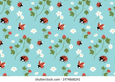 Strawberry and ladybug pattern. Seamless pattern with wild strawberry, ladybug, flowers, leaves.Berry pattern with insect. Vector illustration