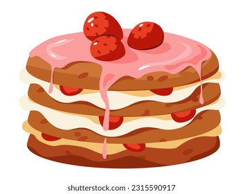 Strawberry layer cake with cream. Vector illustration of a sweet dessert. Homemade cakes.