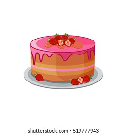 Strawberry layered biscuit cake with cream and berries on top. Cute fruit cake in cartoon style on white isolated background. Sponge cake sign for menu, flyer, advertising design.  