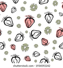 La fresa y la hoja de linómetro encajan sin fisuras en el fondo del patrón vectorial. Bayas dibujadas a mano con estilo de esténcil y hojas con color de desplazamiento rojo y verde. Fondo vintage silenciado.Repetición de fruta de jardín para el concepto de comida