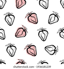 Strawberry and leaf linocut seamless vector pattern background. Stencil style hand drawn berries with red offset color. Muted vintage backdrop.Garden fruit repeat for food or gardening concept