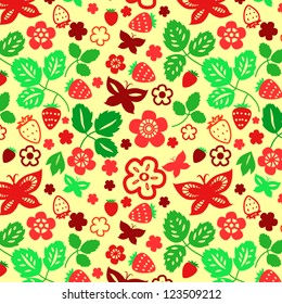 Strawberry leaves and butterflies seamless pattern, vector
