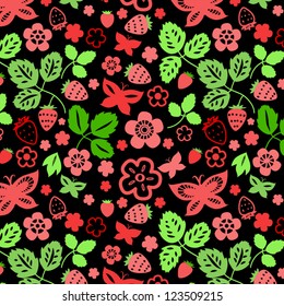 Strawberry leaves and butterflies seamless pattern in black, vector