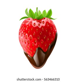 Strawberry with leaves in chocolate dipping on white background isolated 