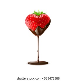 Strawberry with Leaves in Chocolate Trickle on White Background