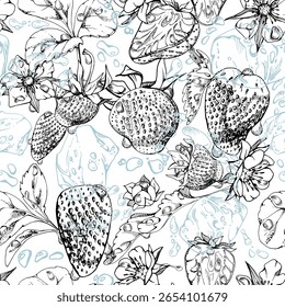 Strawberry leaves, dew drops, ice cubes, water splash. Ripe summer garden forest berry strasberry hand drawn in vector ink. Isolated seamless pattern tile. Home preserves, stationery, menu recipe book