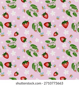 Folhas de morango e padrão de flor