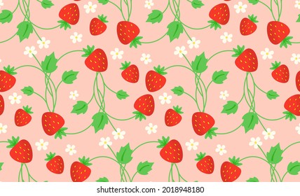 Strawberry with leaves and flowers cartoon summer flat style isolated on pink background seamless pattern. Floral arrangement for textile, decoration, design, wrapping paper, wallpaper