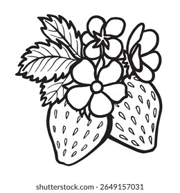 Strawberry with leaves and flowers hand drawn isolated vector illustration for food product desing. Fresh garden berries black and white sketch, organic healthy food. Summer fruit in line art style.