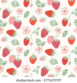 Strawberry leaves flowers pattern doodle hand drawn. Colorful graphics vector. Vector floral texture for fabric, wrapping paper, floral design.
