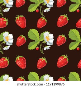 Strawberry with leaves and flowers. Seamless pattern