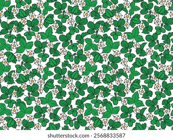 strawberry leaves and flowers seamless pattern, ideal for fabric, wallpaper, stationery, and gardening-themed products. Fresh and lively aesthetic.