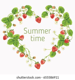 Strawberry with leaves, and flowers. Vector realistic illustration. Heart shape on white background. Design for grocery, farmers market, tea, natural cosmetics, summer garden design element.