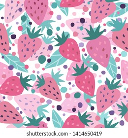 Strawberry with leaves seamless pattern on a white background. Summer fruit hand drawn strawberries wallpaper. Template for kitchen design, package, home textile. Vector illustration