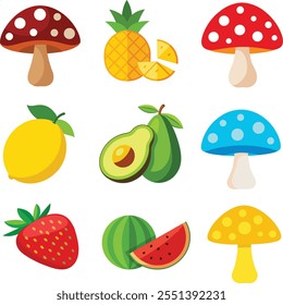 strawberry, lemon, avocado, yellow, brown, red,or blue agaric mushroom, watermelon , and pineapple Vector illustration in flat style .