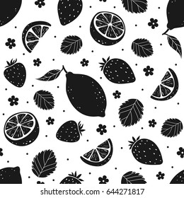 Strawberry and lemon black seamless pattern. Vector illustration