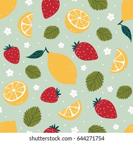 Strawberry and lemon bright seamless pattern isolated on green background. Vector illustration