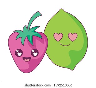 Strawberry and lemon cartoon design, Kawaii expression cute character funny and emoticon theme Vector illustration