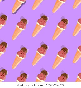 Strawberry and lemon ice cream cone with chocolate topping seamless pattern on purple background. Brown ice cream cones with shadows.