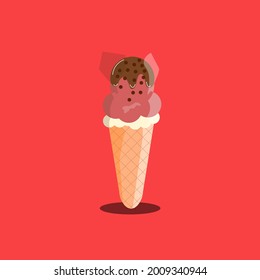 Strawberry and lemon ice cream cone with chocolate topping on red background.