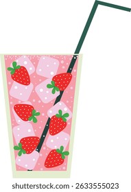 Strawberry lemonade, cocktail in a glass with ice cubes and a straw. Isolated vector illustration.