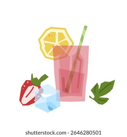 Strawberry Lemonade Drink Illustration. Refreshing pink drink with lemon slice, strawberry, ice and mint leaf. Flat vector style, bright palette, isolated on white background.