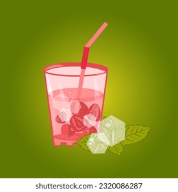 Strawberry lemonade in glass with straw, ice and mint leaf, flat design vector.