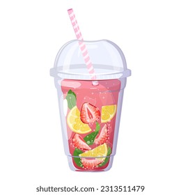 Strawberry lemonade with lemon and mint. Summer refreshing drink with kiwi and ice in plastic cup.