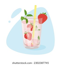  Strawberry lemonade with mint and ice cubes. Summer refreshing drink. Vector illustration.