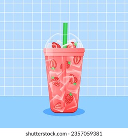 Strawberry lemonade on blue background. Vector illustration of soft drink with ice cubes. Summer refreshing beverage in plastic cup to go.