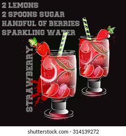 strawberry lemonade with ricepe watercolor splash blsck background 