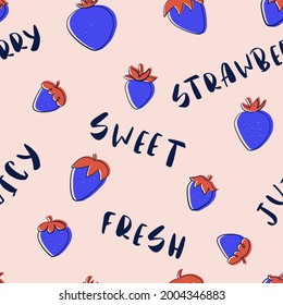 Strawberry with Letters Seamless Pattern. Summer berries bright pattern. Strawberry background for menu or packaging design, food or drink posters, home decor, wallpaper, wrapping paper