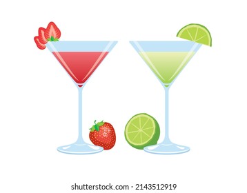 Strawberry and lime daiquiri drink icon set vector. Set of alcoholic cocktails isolated on a white background. Fruits cocktail collection. Summer alcoholic drink icon. Alcohol drinks glasses vector