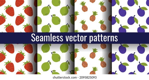 Strawberry, lime, pineapple and prune. Fruit seamless pattern bundle. Color illustration collection in hand-drawn style. Vector repeat background set