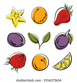 Strawberry, lime, plum, apricot, star fruit. Whole and slices. Colorful line sketch collection of fruits and berries isolated on white background. Doodle hand drawn fruits. Vector illustration