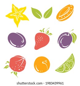 Strawberry, lime, plum, apricot, star fruit. Whole and slices. Colorful paper cut collection of fruits and berries isolated on white background. Doodle hand drawn fruits. Vector illustration