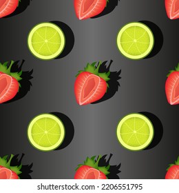 Strawberry and lime seamless pattern on black background with shadow. Beautiful strawberry and lime slice background. Set of red summer berry and exotic citrus. 