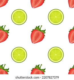 Strawberry and lime seamless pattern on white background. Beautiful strawberry and lime slice background. Set of red summer berry and exotic citrus. 