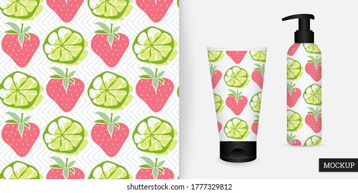Strawberry and lime seamless pattern. Sweet food pattern. Abstract background fruit, berry. Vector illustration. Trendy repeating texture. Modern ornament. Mockup.