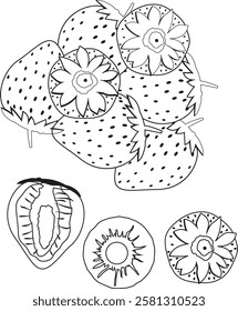 Strawberry Line Art Black Fruit, Berries by hand drawing, strawberry top view line drawing.