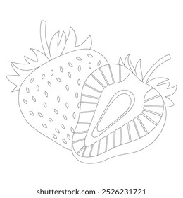 A strawberry line art vector features a minimalist, outline-based illustration of a strawberry, focusing on simple, clean lines to depict its shape, seeds, and leaves. This elegant,