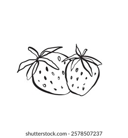 Strawberry line art vector illustration hand drawn doodles with leaves